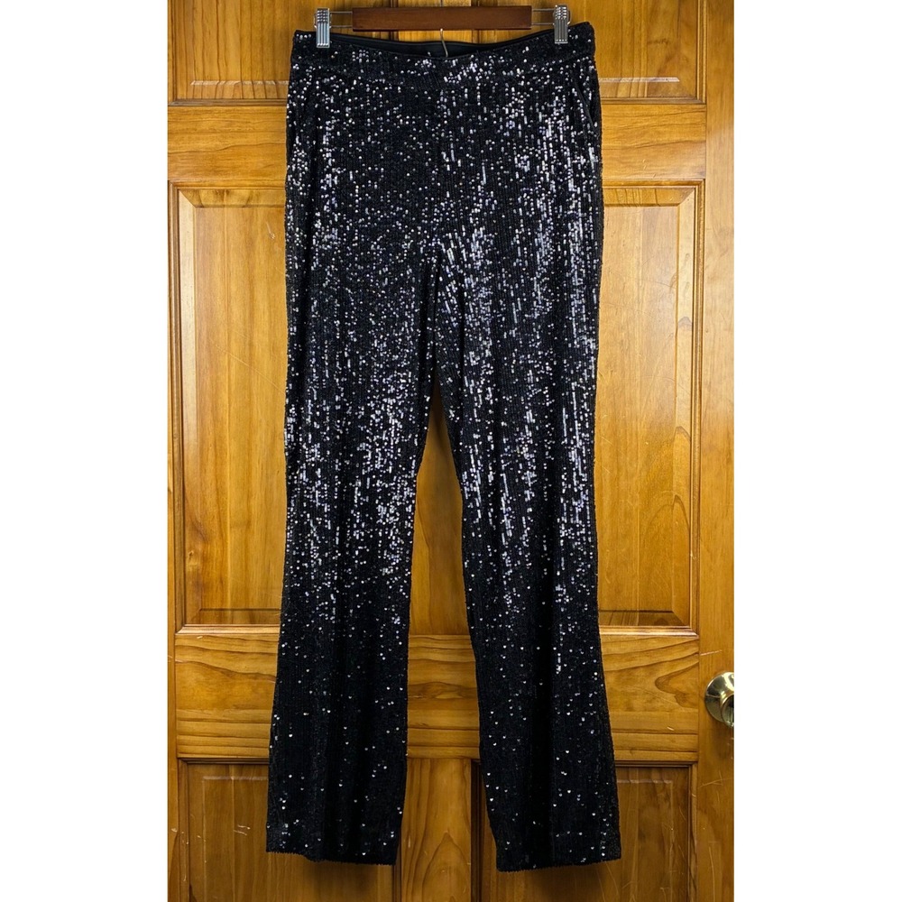 Express Womens Black Sequin High Waisted Straight Leg Pants Sparkly Disco Party